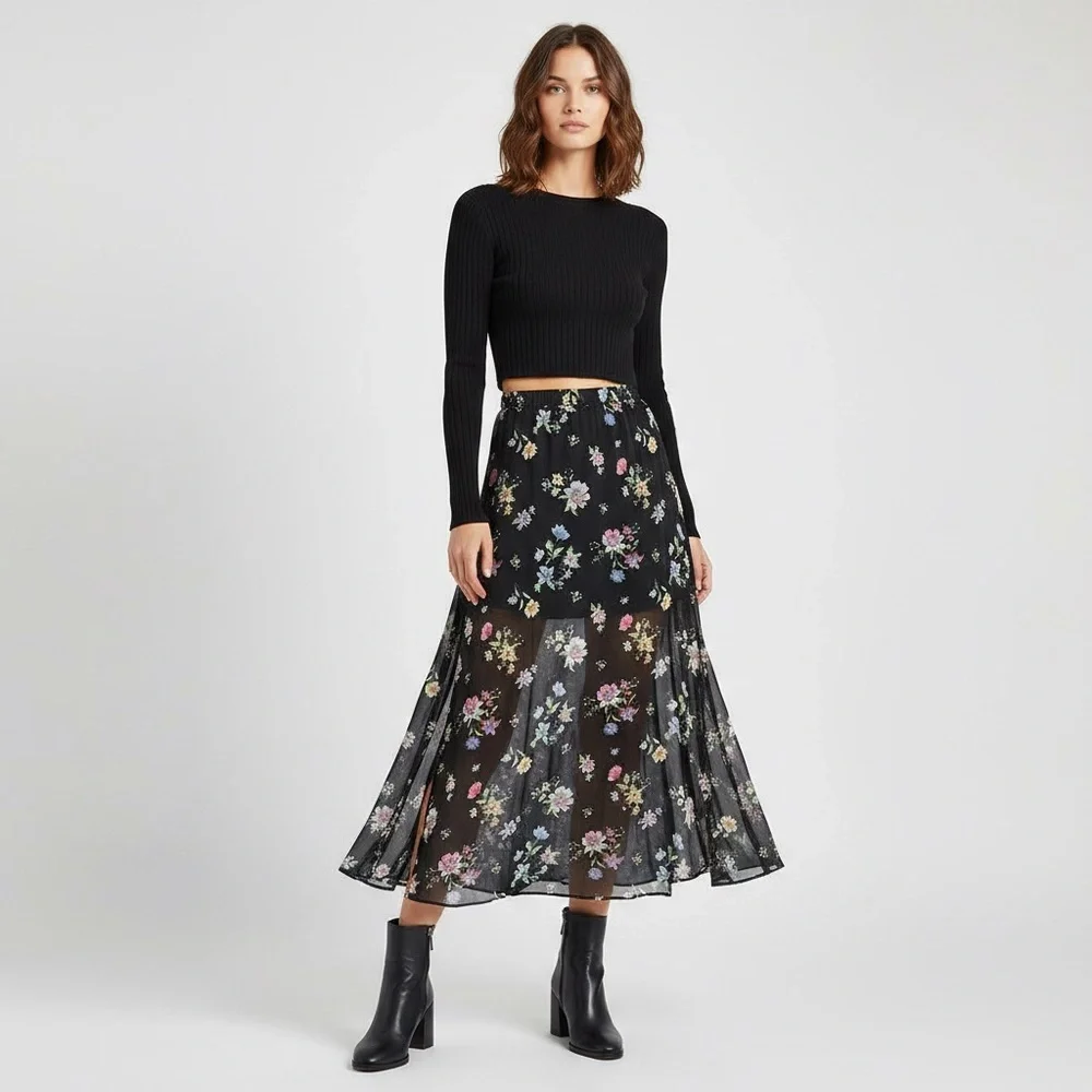 H&M Divided Sheer Floral Printed Maxi Slip Skirt Leg Slit Elastic Waist Large